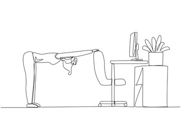 Wall Mural - Single continuous line drawing woman bowed while stretching his hand on her work chair. Warm up movements. Light exercise while at the office. Overtime on weekend. One line design vector illustration