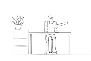 Wall Mural - Single continuous line drawing woman sitting in work chair with arms crossed. Stretch to relax hand and finger muscles. Create multiple reports. Hectic. Overtime. One line design vector illustration