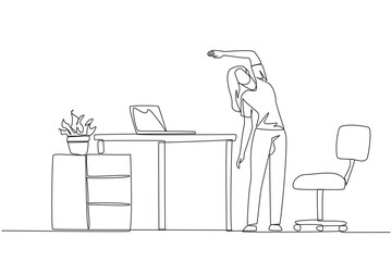 Poster - single one line drawing woman stands while raising one hand and tilting body. doing exercise during 