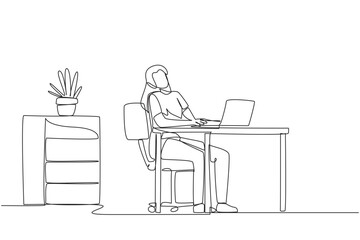 Poster - Single continuous line drawing woman sitting in work chair typing on a laptop with her head tilted. Neck tense and stiff. Too focused. Need to stretch. Overtime. One line design vector illustration