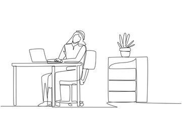 Poster - continuous one line drawing arab man sitting in work chair typing on a laptop with his head tilted. 