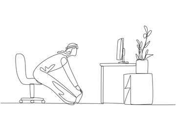 Poster - single one line drawing arabian man sitting in work chair with legs straightened. stretching. light 