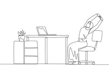 Poster - single continuous line drawing arab woman sitting in work chair while raising both hands. squirming.