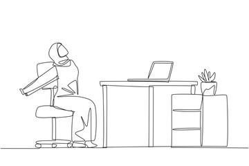 Poster - single one line drawing arab woman sitting in work chair stretching arms behind back. squirming. str