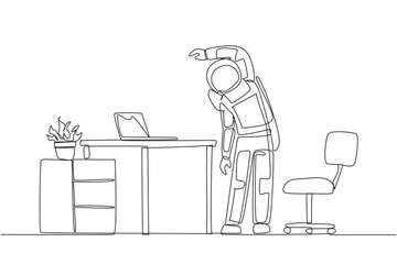 Poster - Single one line drawing astronaut stands while raising one hand and tilting body. Stretching. It is very ready to carry out a space expedition. Cosmonaut. Continuous line design graphic illustration