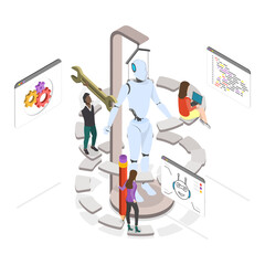 Wall Mural - 3D Isometric Flat  Illustration of Robot Making Technology, Artificial Intelligence