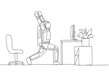 Poster - Single continuous line drawing astronaut stands with both hands raised and legs stretched. Stretching. Practicing breathing. Cosmonauts must remain calm. Spaceman. One line design vector illustration