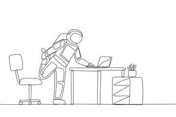 Poster - Single one line drawing astronaut standing with one leg raised and his hand typing on a laptop. Stretching. Eliminate nervousness. Work while exercising. Continuous line design graphic illustration