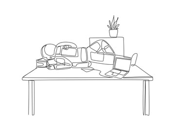 Poster - Single continuous line drawing astronaut fell asleep on table with pillow from a pile of papers. Fatigue. Preparing for expedition takes a lot of energy and time. One line design vector illustration