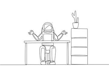 Poster - Single one line drawing astronaut sitting in a work chair with his fingers rounded. Yoga. Calming the mind. Relieve stress. Preparing for space expedition. Continuous line design graphic illustration