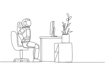 Poster - continuous one line drawing astronaut sitting in a work chair with hands holding his waist. stretchi