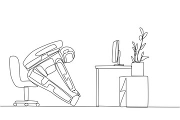 Poster - Single continuous line drawing astronaut sitting in work chair with legs straightened. Stretching. Before boarding the spaceship. Getting ready for the expedition. One line design vector illustration