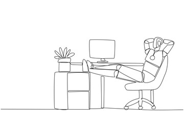 Poster - Single one line drawing robot sits in work chair with his hands behind head and his legs raised on work desk. Worker robot. Can feel tired. Relax. AI. Continuous line design graphic illustration