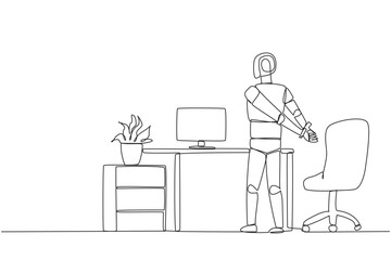 Poster - Single continuous line drawing robot stands with his hands behind his back. Stretching. Get the latest code to become smarter at exercising. Future technology. One line design vector illustration