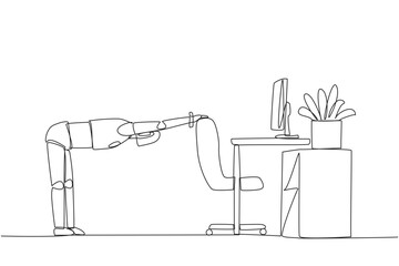 Poster - Continuous one line drawing robot bowed while holding his hand on his work chair. Stretching. Training all muscles after the repair process. Technology. Single line draw design vector illustration
