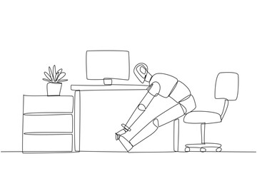 Poster - Single continuous line drawing robot sits in work chair with his legs straightened, hands hold legs. Feasibility trial. Algorithm improvements. Future technology. One line design vector illustration