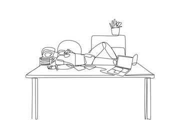 Poster - Continuous one line drawing robot fell asleep on the table with a pillow from a pile of papers. Advanced code program. Getting smarter about light sensors. Single line draw design vector illustration