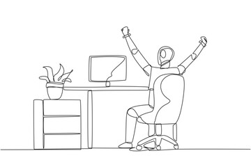 Poster - Continuous one line drawing the robot sit on chair opening and raising his hands. Stretching robot. Sitting and focusing too long. Future technology AI. Single line draw design vector illustration