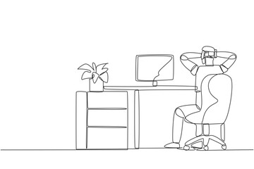 Poster - Single one line drawing robot sitting in chair with his hands holding the back of head. Take a break. Monitor test results. Reading the bug. Future tech AI. Continuous line design graphic illustration