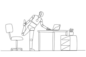 Poster - Single continuous line drawing robot standing with one leg raised and his hand typing on a laptop. Multitasking robots. Work while stretching. Future technology AI. One line design vector illustration