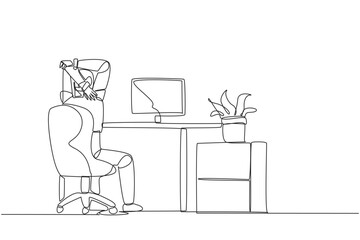 Poster - continuous one line drawing robot sitting in a work chair warming up his hands above his head. stret