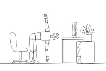 Poster - Single one line drawing robot stands with one hand raised and the other hand holding the toe. Robot exercising. Train muscle movements to be more flexible. Continuous line design graphic illustration