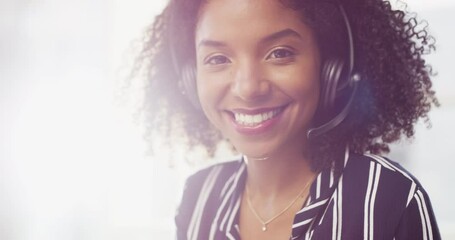 Poster - Phone call, black woman in callcenter and contact us for communication, CRM and customer service consultant. Help desk, headset with microphone and portrait, agent in telemarketing sales with telecom