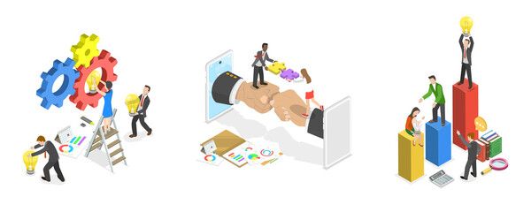 Wall Mural - 3d isometric flat illustration of teamwork and collaboration, dedicated team