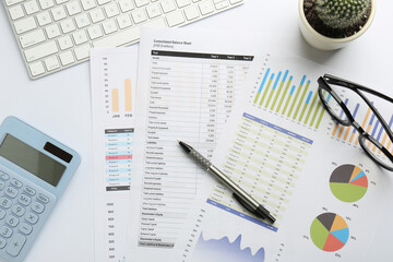 Accounting documents, calculator, glasses and computer keyboard on white table, flat lay