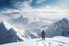 A Mountaineer In Mountains Approaching A Majestic Snowy Mountain Peak Amidst A Snowfall And Snow Storm. Solitude And Determination, Adventure And Challenge Of Climbing In Extreme Conditions