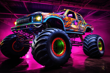 Wall Mural - Monster truck illuminated by neon lights - excitement and thrill of an extreme sport and entertainment monster truck stunts racing show