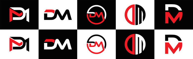 Sticker -  DM logo. D M design. White DM letter. DM, D M letter logo design. D M letter logo design in FIVE, FOUR, THREE, style. letter logo set in one artboard. D M letter logo vector design.	
