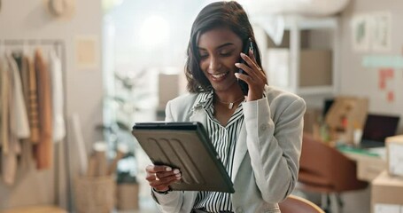 Poster - Phone call, delivery and woman on tablet for distribution, logistics and ecommerce startup. Communication, online shopping and happy person on digital technology with boxes for supply chain business