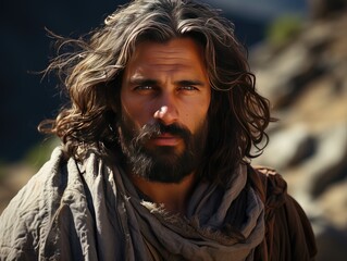 A bearded and long-haired Middle Eastern man wearing a headscarf in the desert