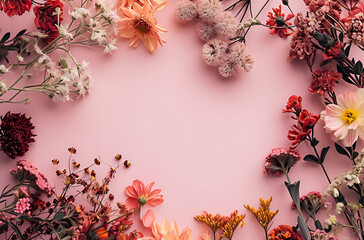 Wall Mural - a blank frame with flowers on pink background, in the style of animated shapes, muted, earthy tones, animated gifs, playful use of line, orange and gray, playful textures