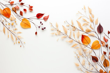 Wall Mural - Autumn colorful leaves on white background with copy space.