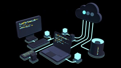 Fototapete - Cloud technology computing animation. Modern cloud technology. Data center isometric concept. Web hosting concept. Transparent background with alpha channel
