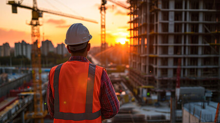 Wall Mural - Construction concept. at back of the construction worker head which is wearing the safety helmet and checking work at the construction site.