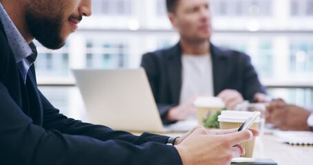 Aufkleber - Businessman, phone and hands in meeting for networking, communication or social media at office. Closeup of man or employee typing on mobile smartphone for online search or research at workplace