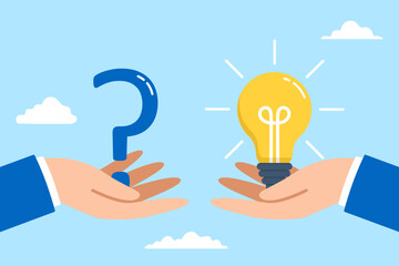 Poster - Two businessman hand holding question mark and light bulb for answer in flat design