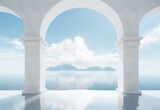 Fototapeta Przestrzenne - A serene view through a white archway leading to calm waters and a mountainous horizon. Elegantly simple architectural archway framing a tranquil sea and cloud landscape