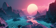 Landscape Vapor Wave Synth Background, Fantasy Alien Planet. Mountain And Sunset.