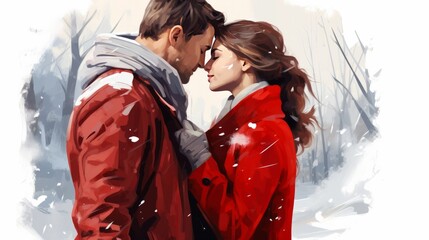 Wall Mural - Digital in high resolution, cute kissing couple ready to print. valentine love woman and man snow png like style