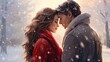 A couple in love embraces in a winter wonderland, their romantic connection evident amid the snowy beauty of the forest.. valentine love woman and man snow png like style