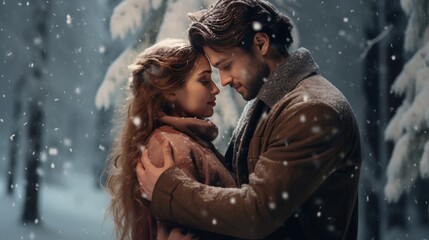 Wall Mural - A couple in love embraces in a winter wonderland, their romantic connection evident amid the snowy beauty of the forest.. valentine love woman and man snow png like style