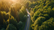 Aerial view of Overtaking trucks on an asphalt road in green forrest at sunset, Transportation concept, Generative ai.