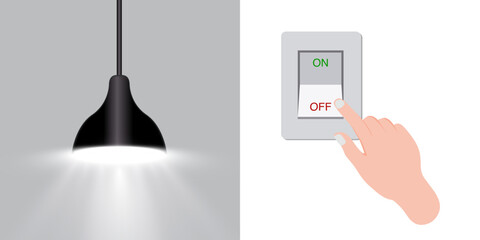 Eco-friendly lighting: The flat light bulb and lamp turn on and off using light switches. Remember to conserve energy by turning off the lights when they are not in use. Vector.