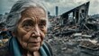 An elderly woman who survived a natural disaster. Portrait of an elderly woman at the site of a natural disaster. Hurricane. Tornado. Tsunami. Earthquake.