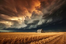 Dramatic Stormy Sky Over A Wheat Field With A Barn, AI Generated