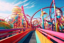 Amusement Park With Colorful Roller Coaster And Blue Sky At Sunset, AI Generated